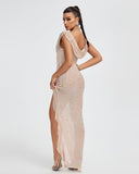 Crystal Embellished Ruffle High Split Maxi Dress