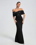 Off Shoulder Crepe Ruffle Maxi Dress