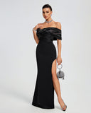 Off Shoulder Crepe Ruffle Maxi Dress