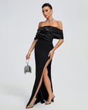 Off Shoulder Crepe Ruffle Maxi Dress