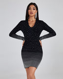 V Neck Rhinestone Mini Dress