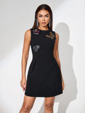 Butterfly Applique Pure Black Mini Dress
