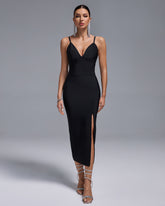 V Neck Spaghetti Strap Midi Bandage Dress