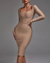 Square Collar Long Sleeve Plain Midi Bandage Dress