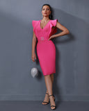 Deep-V Ruffle Midi Bandage Dress