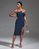 One Shoulder Pearl Chain Midi Bandage Dress