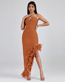 Strapless Feather Trim Bandage Long Dress