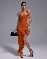 Strapless Feather Trim Bandage Long Dress