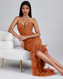 Strapless Feather Trim Bandage Long Dress