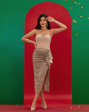 Strapless Sequin Draped Midi Dress