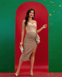 Strapless Sequin Draped Midi Dress