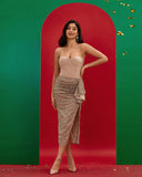 Strapless Sequin Draped Midi Dress