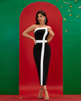Black White Strapless Midi Bandage Dress