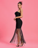 Rhinestone Fringe Trim Maxi Bandage Dress