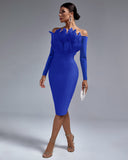 Off Shoulder Feather Midi Bandage Dress
