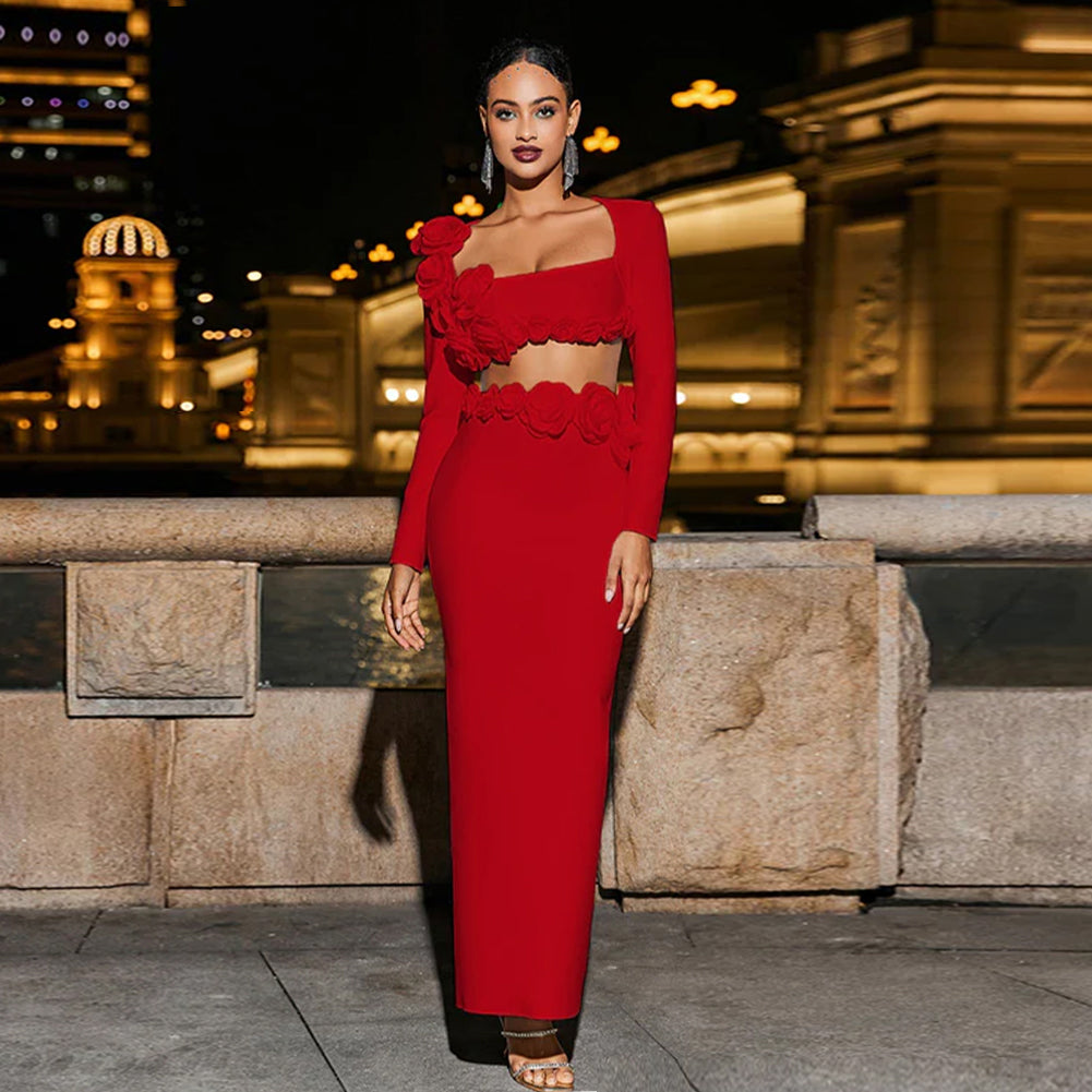 Red Floral Long Sleeve 2 Piece Bandage Set