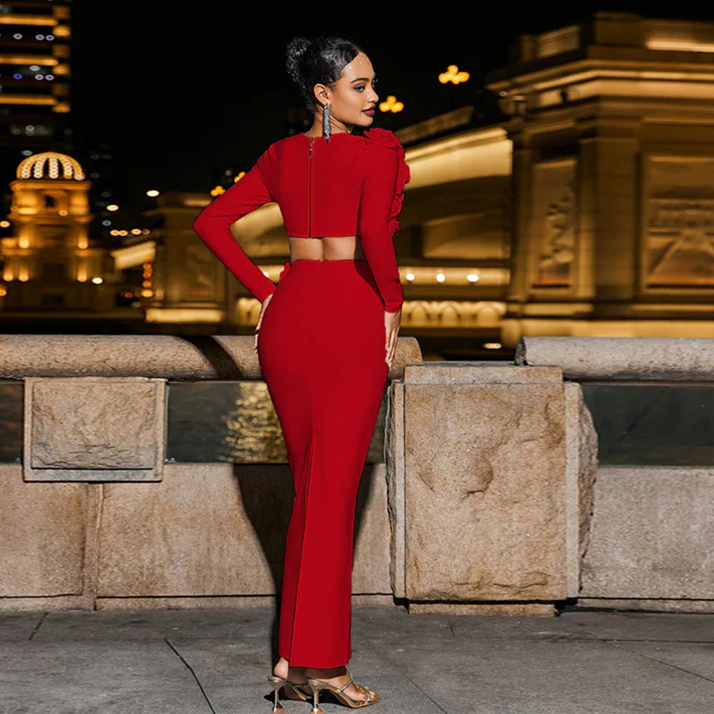 Red Floral Long Sleeve 2 Piece Bandage Set
