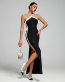 Pearl-Embellished Halter Maxi Bandage Dress