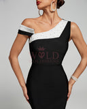 One Shoulder Pearl Patchwork Bandage Maxi Dress