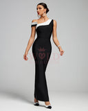 One Shoulder Pearl Patchwork Bandage Maxi Dress