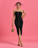 Strapless Button-Front Bandage Midi Dress