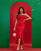 Strapless Feather Trim Bandage Fishtail Dress
