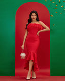 Strapless Feather Trim Bandage Fishtail Dress