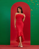 Strapless Feather Trim Bandage Fishtail Dress