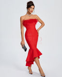 Strapless Feather Trim Bandage Fishtail Dress