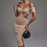 Halter Short Sleeve Cut Out Midi Bandage Dress