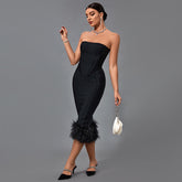 Strapless Feather Midi Bandage Dress