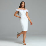Off Shoulder Feather Over Knee Bandage Dress