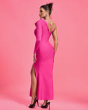 Asymmetric Mesh-Sleeves Maxi Bandage Dress