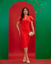 Ruffled Angel-sleeve Midi Bandage Dress