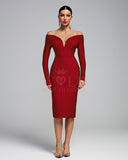 Burgundy Off Shoulder Bandage Midi Dress