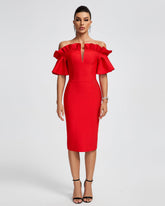 Off Shoulder Ruffle Midi Evening Dress