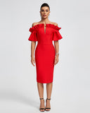 Off Shoulder Ruffle Midi Evening Dress