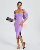 Off Shoulder Bow-Detail Midi Bandage Dress