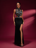 Halter Cutout Bandage Rhinestone Maxi Gown