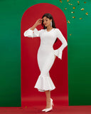 Ruffle Trim Mermaid Hem Midi Bandage Dress