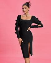 Square Neck Midi Slit Bandage Dress