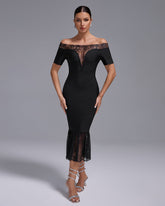 Off Shoulder Bandage Midi Lace Dress