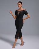 Off Shoulder Bandage Midi Lace Dress