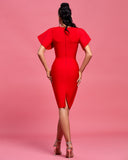 Round Neck Ruffles Sleeve Midi Bandage Dress