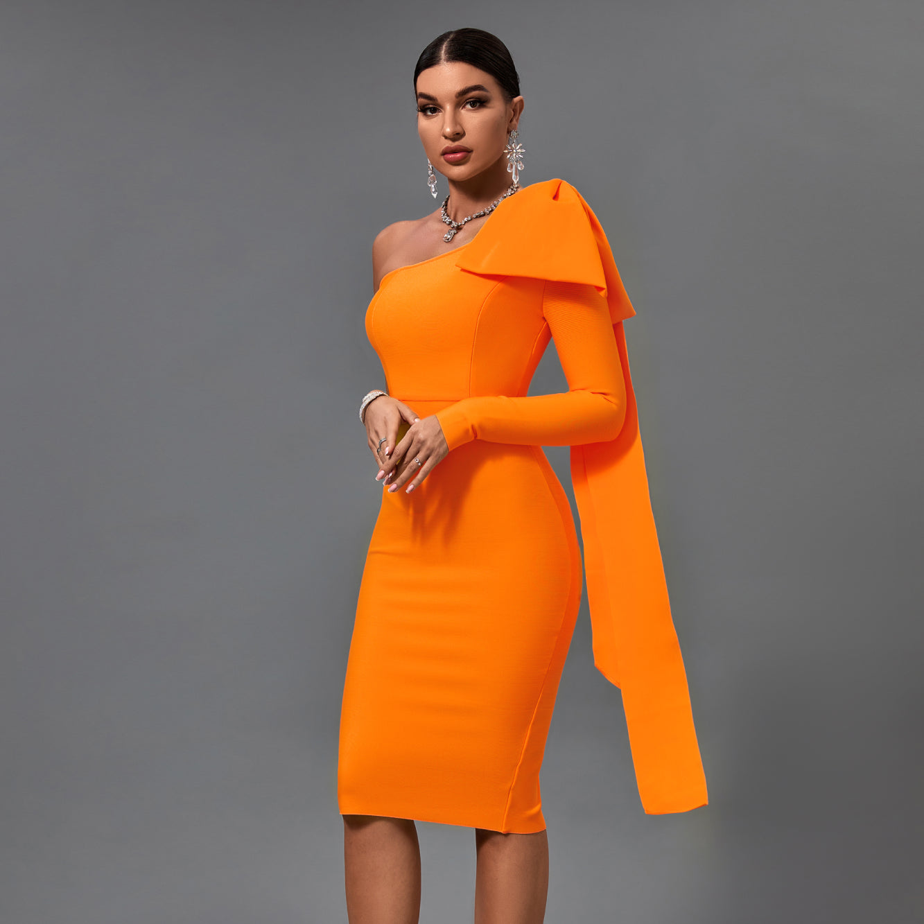 Asymmetrical Bowknot Midi Bandage Dress