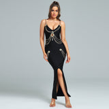 Metal Ornamental Buckle Chain Maxi Bandage Dress