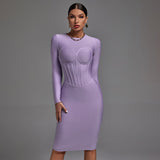 Round Neck Long Sleeve Striped Midi Bandage Dress