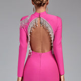 High Neck Backless Tassels Bandage Dress