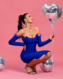 Off Shoulder Feather Trim Midi Bandage Dress