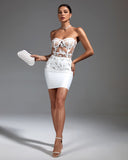 Strapless Cutout Feather Bandage Skirt Set